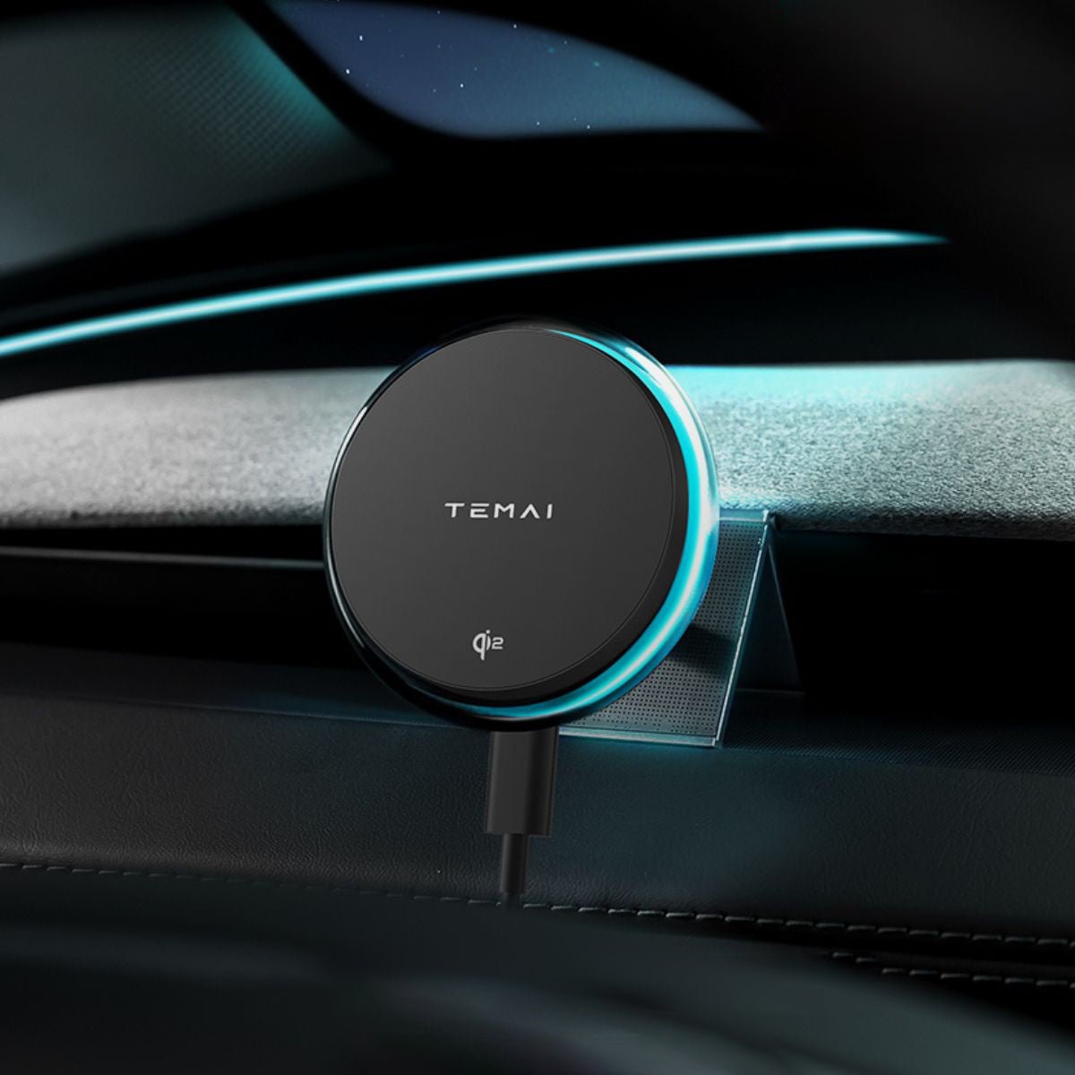A MagSafe Phone Mount for Model Y and Model 3 from Tesery Official Store is attached to a car dashboard, glowing with blue LED light.