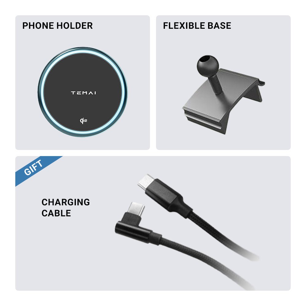 The Tesery Official Store MagSafe Phone Mount for Model Y and Model 3 includes a round wireless holder, a flexible clamp base with ball joint, and a black USB-C charging cable.