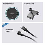 The Tesery Official Store MagSafe Phone Mount for Model Y and Model 3 includes a round wireless holder, a flexible clamp base with ball joint, and a black USB-C charging cable.
