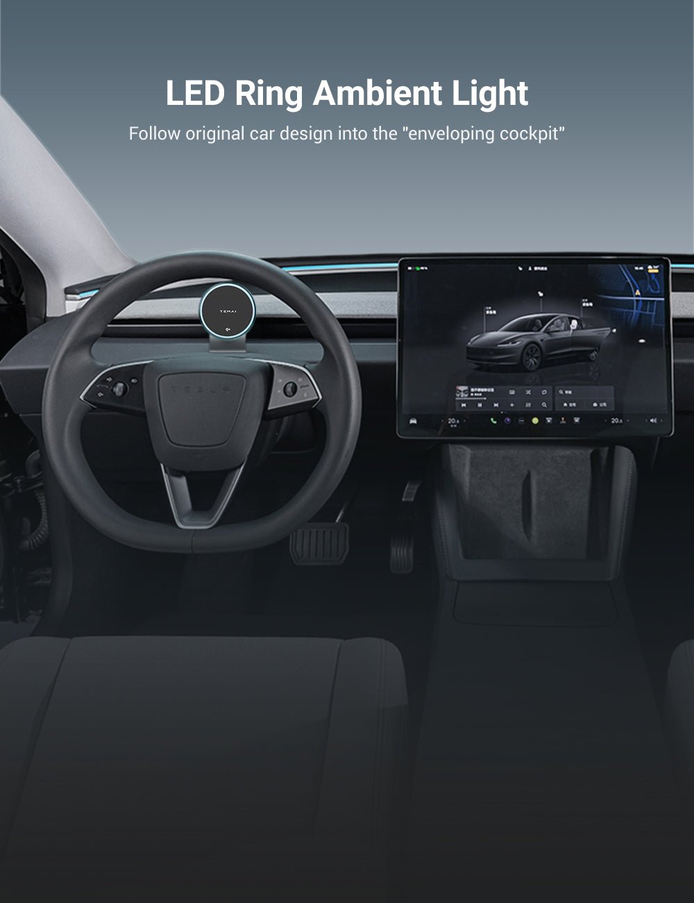 Car interior featuring the Tesery Official Store MagSafe Phone Mount for Model Y and Model 3, attached near the steering wheel with an LED ring light and a central touchscreen display showing a car interface.