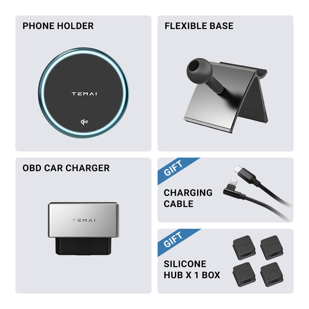 The MagSafe Phone Mount for Model Y and Model 3 from Tesery Official Store includes a phone holder, flexible base, OBD car charger, gift charging cable, and a box of silicone hub pieces (gift), each shown in labeled sections.