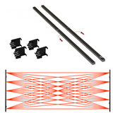 The Infinity Shield Full-Coverage Garage Door Sensors include two black sensor bars with attached wires, four mounting brackets, and a diagram showing a red-light curtain for enhanced safety on your garage door opener system.