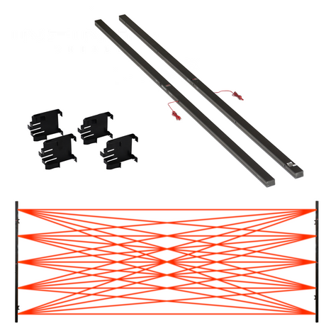 The Infinity Shield Full-Coverage Garage Door Sensors include two black sensor bars with attached wires, four mounting brackets, and a diagram showing a red-light curtain for enhanced safety on your garage door opener system.