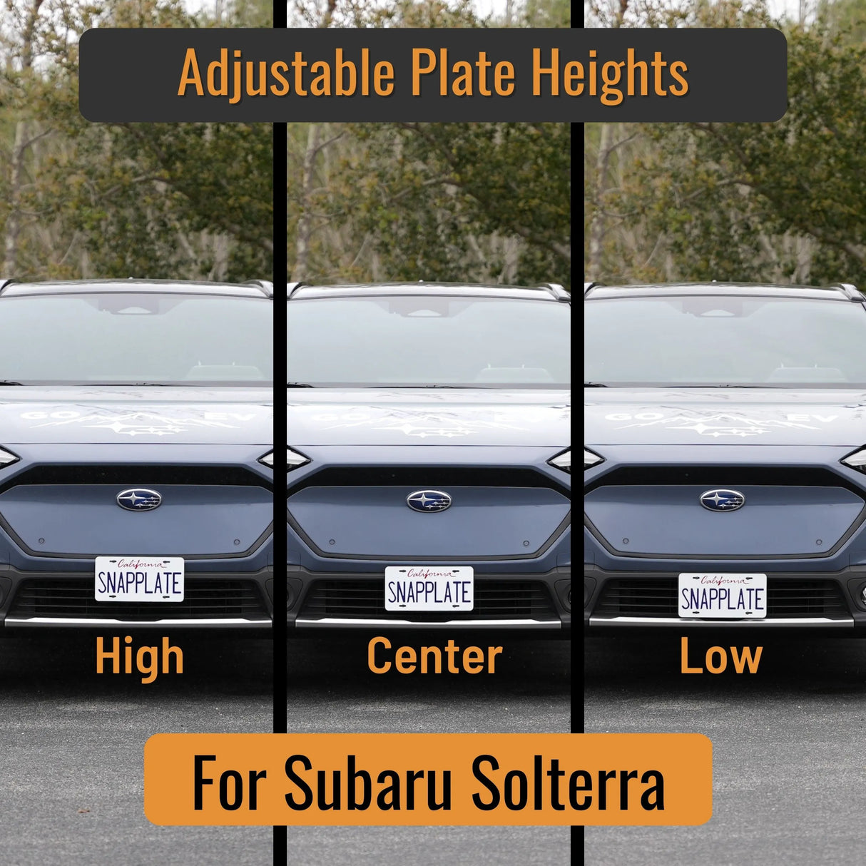 SnapPlate front license plate holders for the 2023 and up Subaru Solterra features adjustable plate height with high, center, and low positions