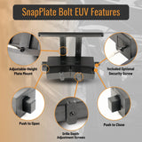 SnapPlate Bolt EUV features adjustable license plate height, grille depth adjustment, anti-theft security screw, and easy push to open and close buttons