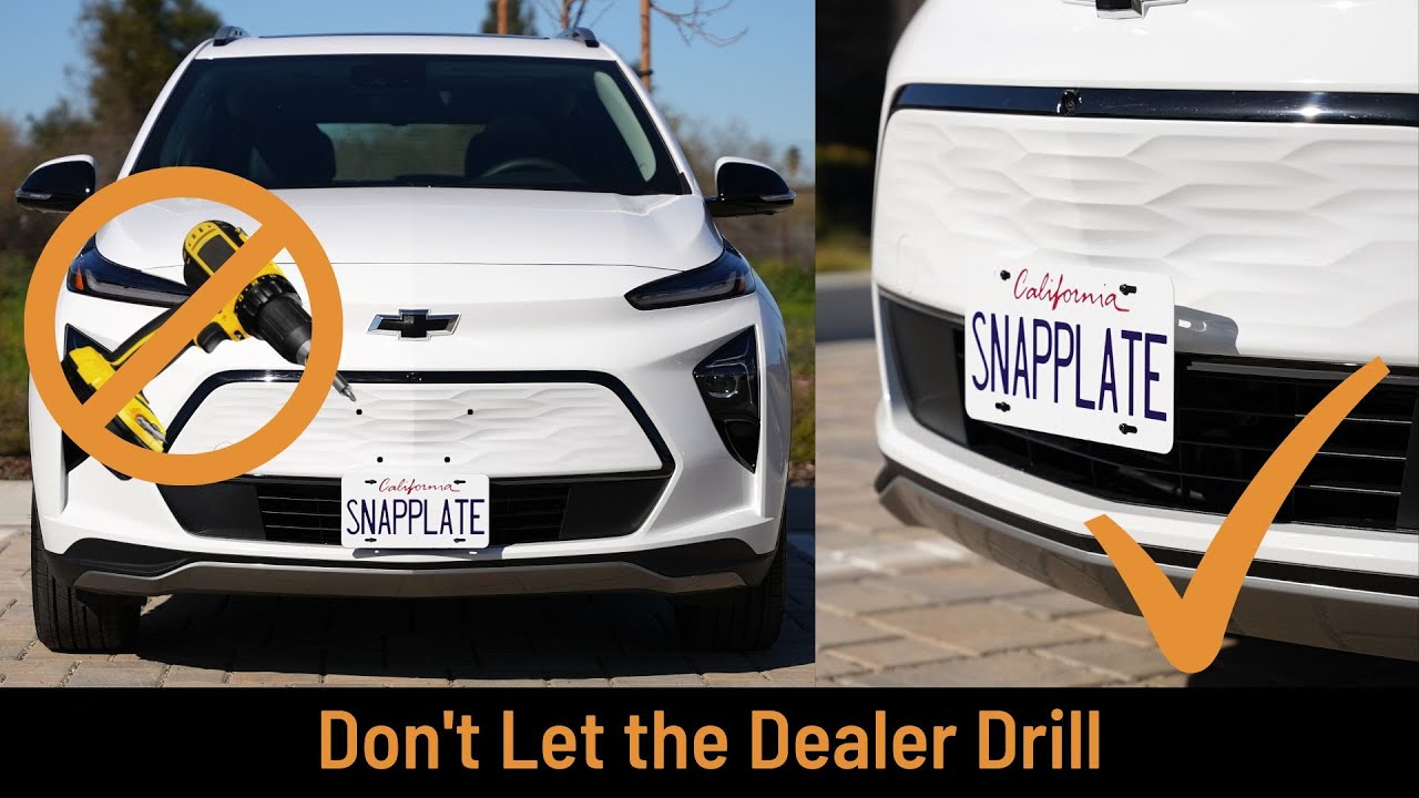 A white Chevrolet SUV with a SNAPPLATE license plate mount, showing a drill crossed out and a checkmark next to a license plate installed without drilling. Text reads: Dont Let the Dealer Drill.