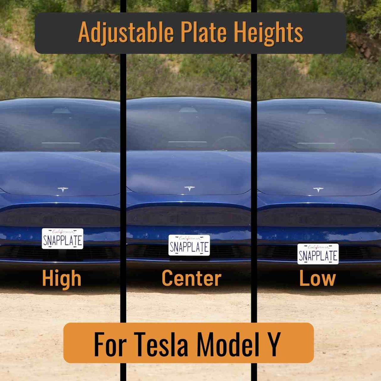 SnapPlate plus front license plate holders for the 2020 and up Tesla Model Y features adjustable plate height with high, center, and low positions