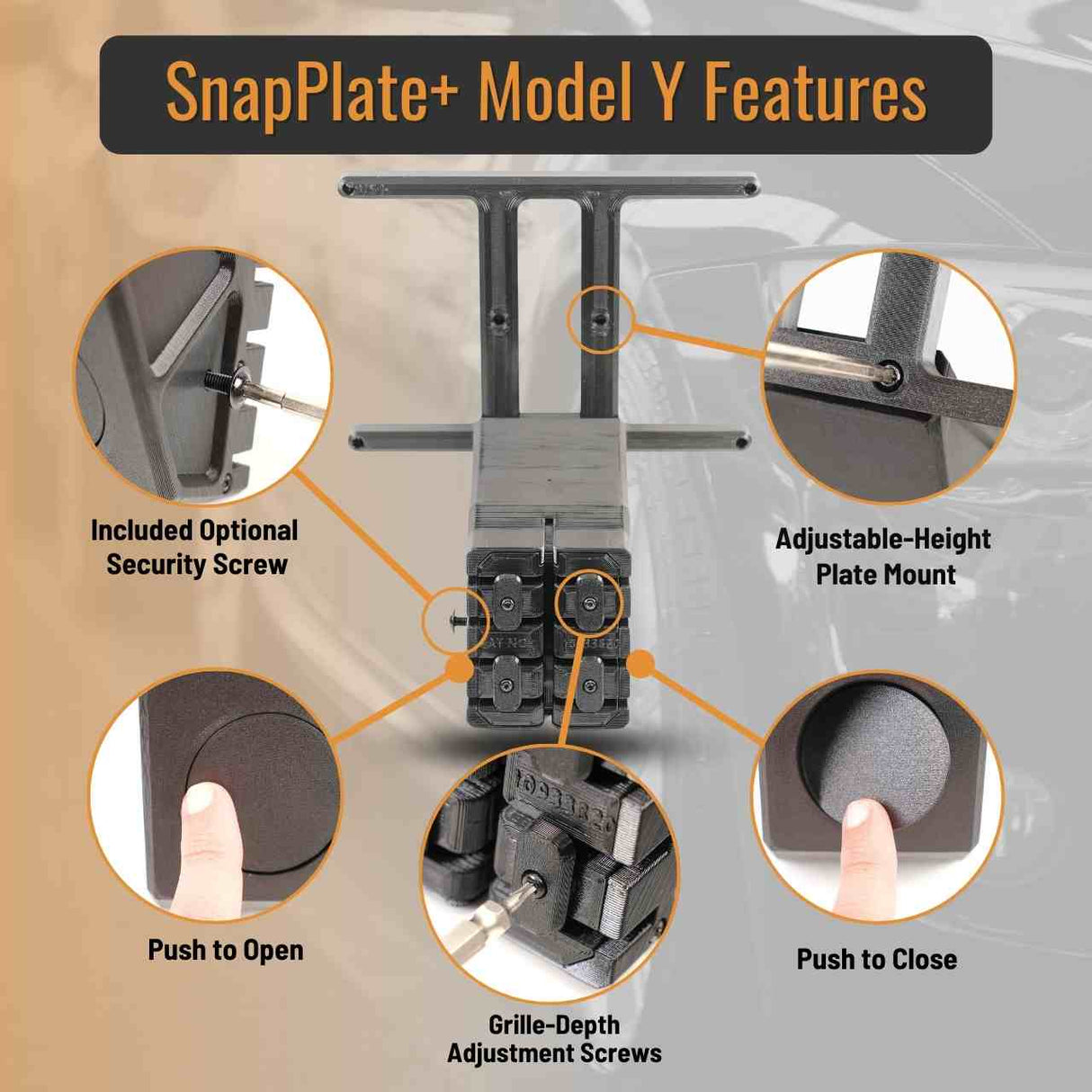 SnapPlate plus front license plate mounts for the 2020 and up Tesla Model Y feature a simple pushbutton design with adjustable plate height and grille fit and an optional security screw