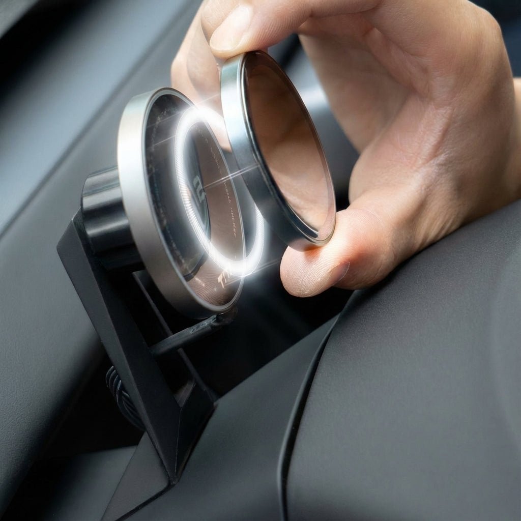 A hand attaches the Tesery MagLink HUD – OLED Magnetic Dashboard Display for Model Y Juniper/Model 3 Highland to a car’s dash, showing its versatile fit, just like a responsive iframe adapts to any video container. Find it at Tesery Official Store.