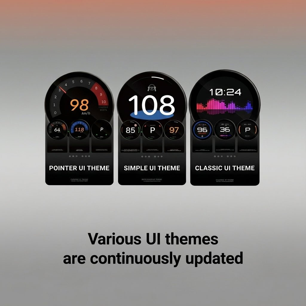 Three UI themes—Pointer, Simple, and Classic—are shown on the Tesery MagLink HUD OLED Magnetic Dashboard Display for Model Y Juniper/Model 3 Highland. Text below notes: Various UI themes are continuously updated. Brand: Tesery Official Store.