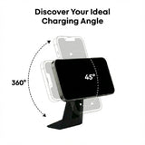 The Tesery MagLink HUD - OLED Magnetic Dashboard Display for Model Y Juniper / Model 3 Highland from Tesery Official Store rotates 360° horizontally and tilts 45° vertically in a sleek wrapper, showing adjustable viewing and charging angles.