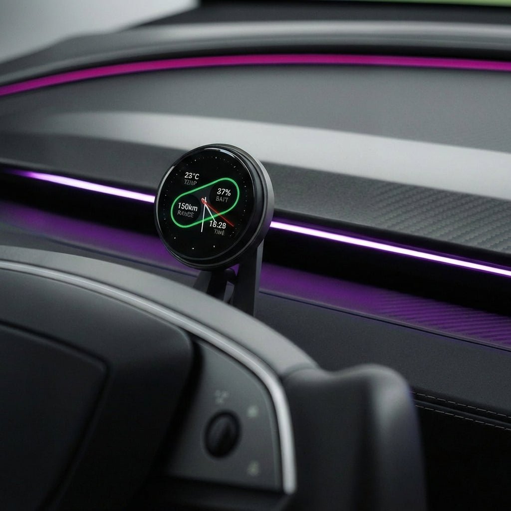 A close-up of the Tesery MagLink HUD—an OLED Magnetic Dashboard Display for Model Y Juniper/Model 3 Highland by Tesery Official Store—showing vehicle stats with a circular screen and purple LED strip, seen as if through a responsive iframe.