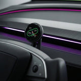 A close-up of the Tesery MagLink HUD—an OLED Magnetic Dashboard Display for Model Y Juniper/Model 3 Highland by Tesery Official Store—showing vehicle stats with a circular screen and purple LED strip, seen as if through a responsive iframe.