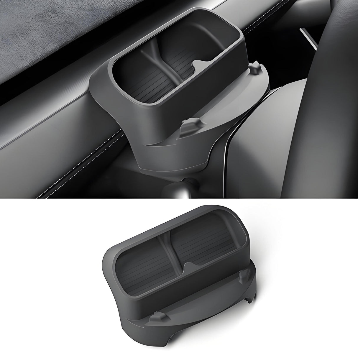 The Tesery Official Store Sunglasses & Phone Holder Organizer for Model Y Juniper is a black plastic car accessory with two compartments, ideal for Tesla interior upgrades, shown mounted on a dashboard and on a white background.