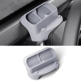 The Tesery Official Store Sunglasses & Phone Holder Organizer for Model Y Juniper is a gray plastic organizer with two compartments, designed to attach next to your car window and steering wheel for convenient storage.