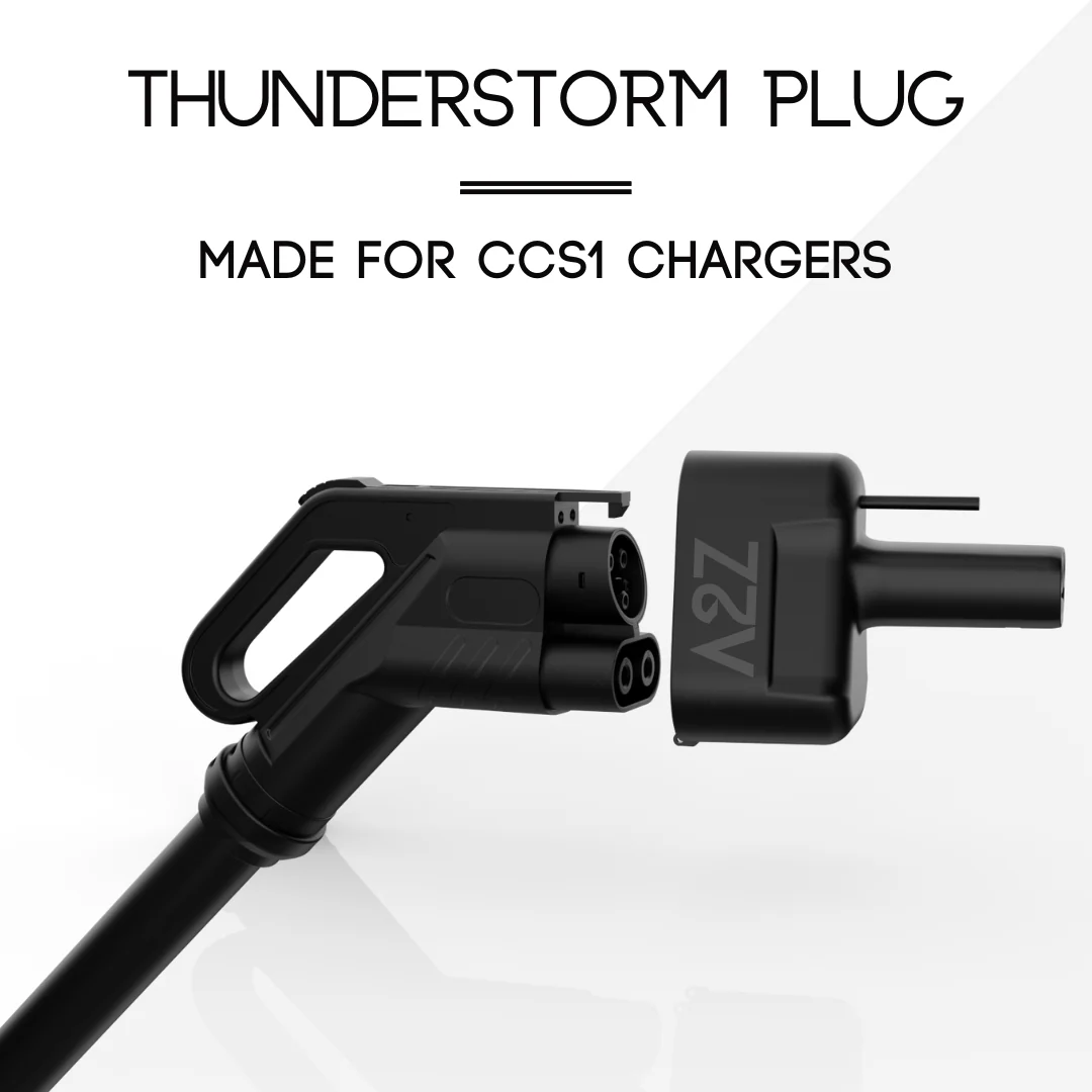 The A2Z CCS1 Charger to NACS Vehicle Adapter, labeled Thunderstorm Plug with "Made for CCS1 Chargers" above, is ideal for Level 3 DC fast charging and shown on a white background.