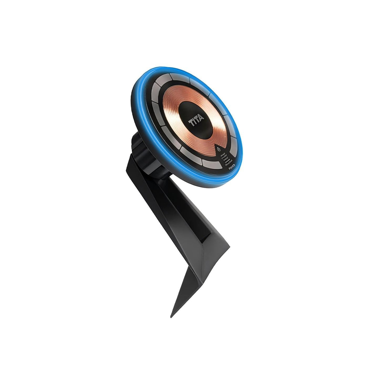 The Tesery Official Store Magsafe Wireless Charging Phone Holder for Model Y/3 Highland features a round blue-edged face, visible copper coil, and black adjustable stand—designed for Tesla Model Y & 3 and supports Magsafe charging.