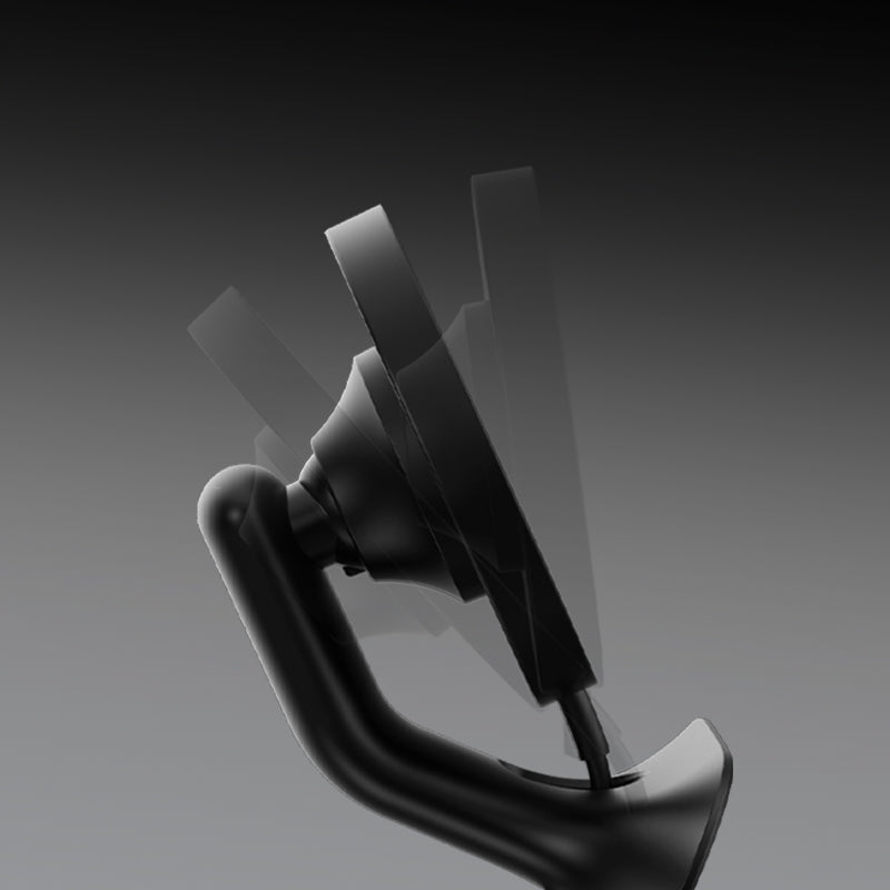 The Tesery Official Store’s Magsafe Wireless Charging Phone Holder for Model Y/3 Highland is shown in various tilted angles, showcasing its adjustable feature against a gradient gray background.