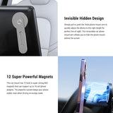 The Tesery Official Store Wireless Magsafe Mount for Tesla Model 3/Y/S/X/Cybertruck is shown attached to a car seat and dashboard, featuring a hidden design and 12 strong built-in magnets for secure phone holding.