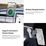 The Tesery Official Store Wireless Magsafe Mount for Tesla Model 3/Y/S/X/Cybertruck is a magnetic wireless car charger with charging status display, flexible 180° ball joint, and supports horizontal or vertical phone viewing.